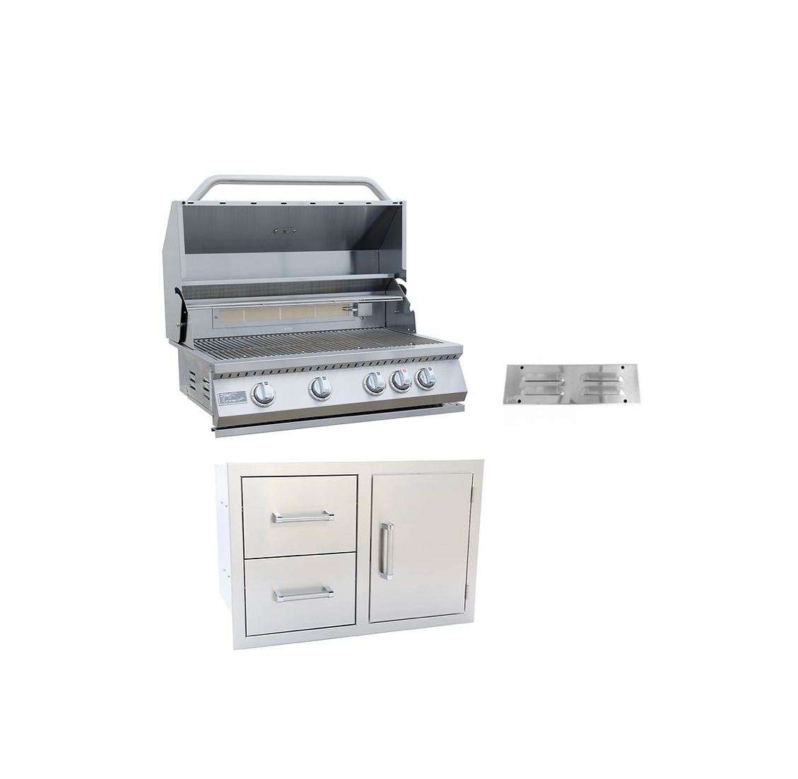 KoKoMo 32-inch 4 burner built-in stainless steel BBQ grill package with double drawer and access door combo on white background