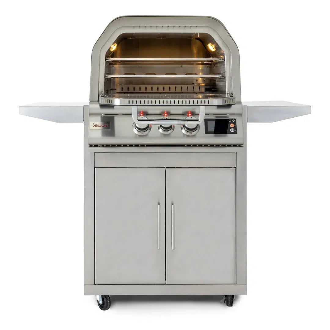 Blaze LTE+ 26-inch outdoor pizza oven on freestanding cart with side shelves