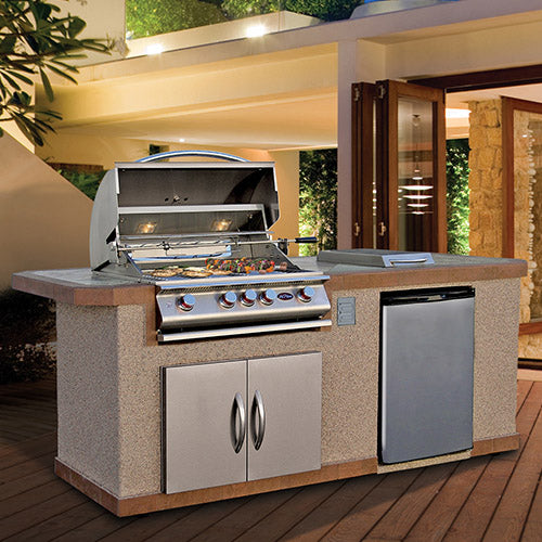 Belair Q Cal Flame outdoor kitchen Island with 4-burner G4 grill, luxury patio BBQ island