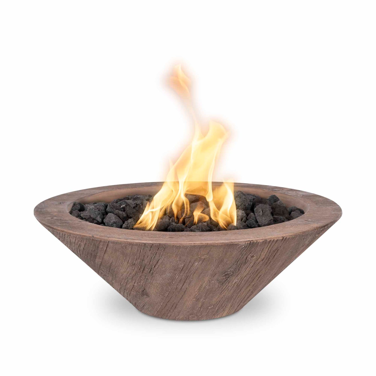 Cazo GFRC wood grain fire bowl in ivory finish with active flame over black lava rocks, modern outdoor fire feature for contemporary patios