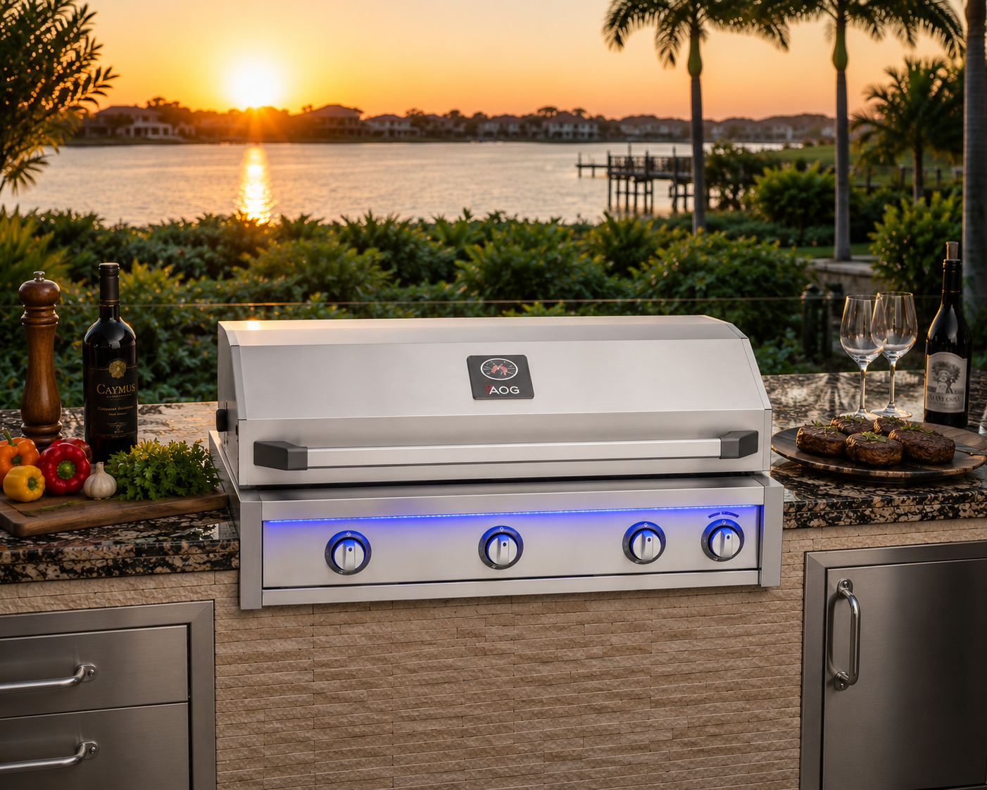 American Outdoor Grill 36-inch L-Series built-in stainless steel gas grill installed in a luxury outdoor kitchen with granite countertops, stone island, LED illuminated control knobs, waterfront sunset view, premium cabinetry, and gourmet entertaining setup.