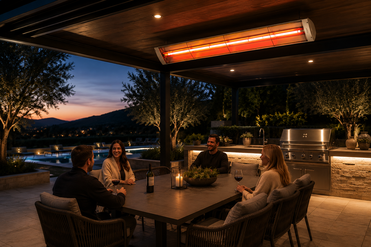 Luxury outdoor dining area featuring a ceiling-mounted Bromic infrared heater, modern outdoor kitchen, and evening entertaining space beneath a covered pergola at sunset.