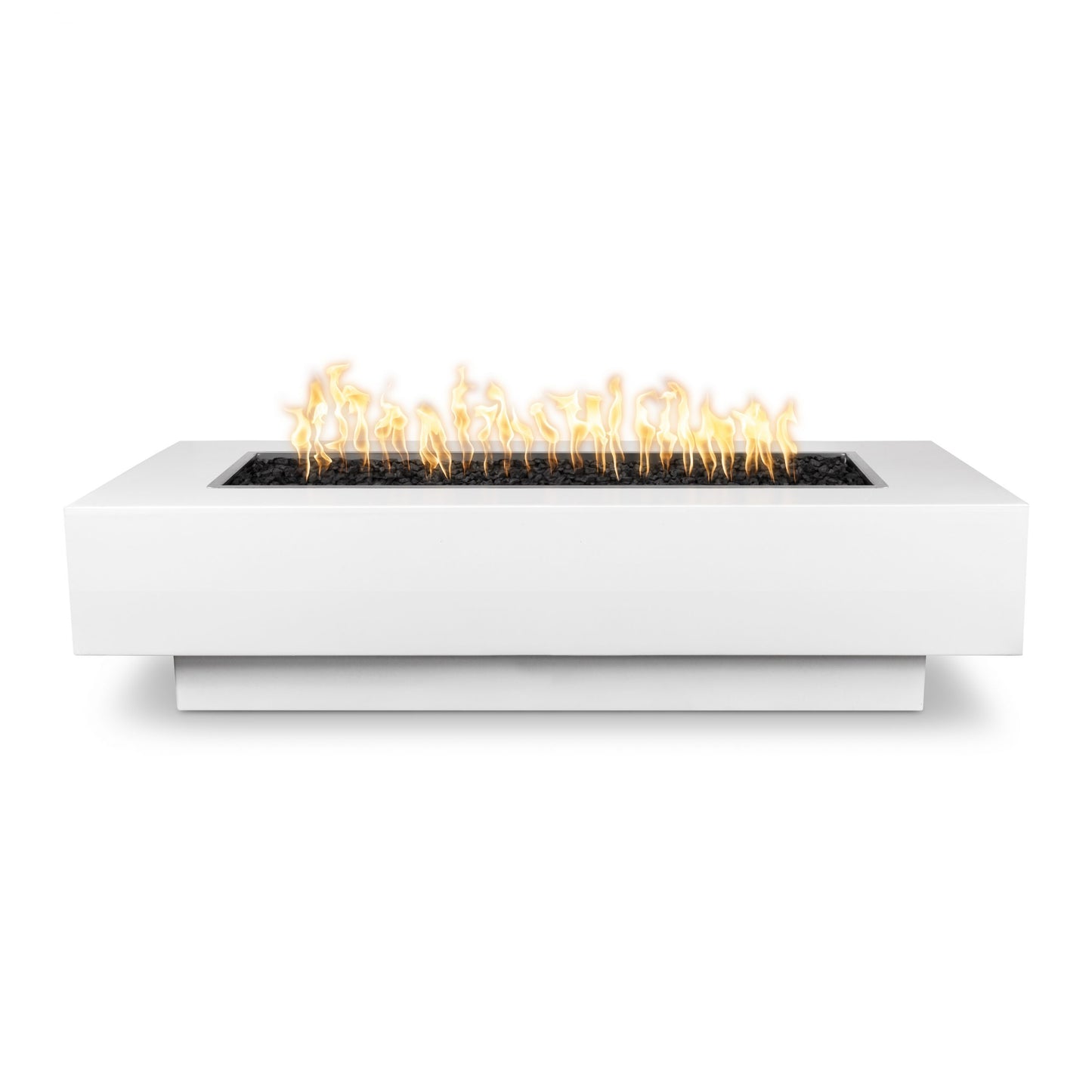 Powder-coated metal fire pit. Modern rectangular design. Weather-resistant finish. Contemporary outdoor entertaining.