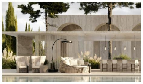 Bromic Eclipse Smart-Heat Electric Portable heater beside a luxury poolside lounge with contemporary outdoor seating, modern architecture, and premium resort-style landscaping.