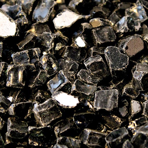 Black reflective fire pit glass with a mirror-like finish for enhanced sparkle in fire features.