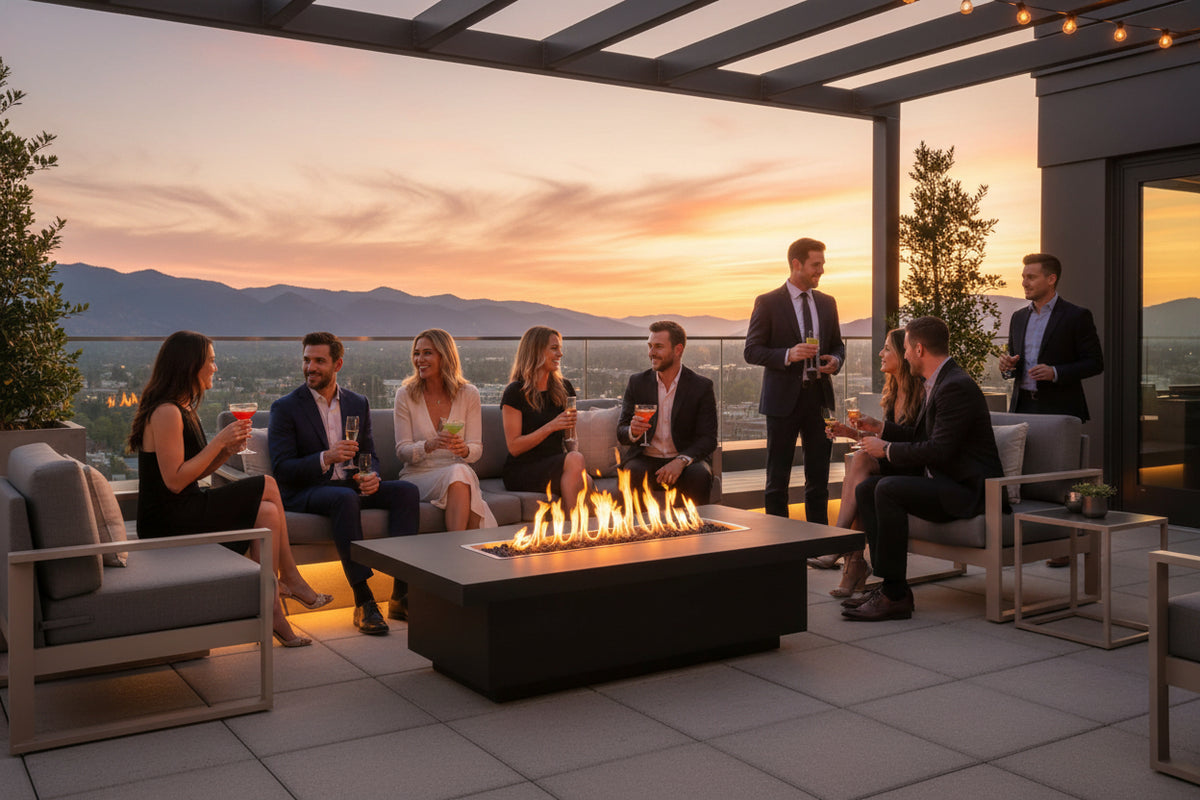 Fremont 48-inch powder-coated metal fire pit with active flames, showing modern rectangular design in luxury outdoor patio setting
