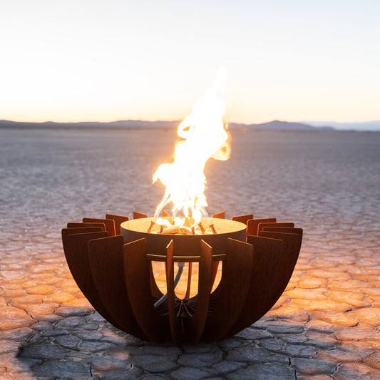 Galaxy fire sculpture matte steel with razor gold lip sleek modern fire sculpture luxury outdoor lighting