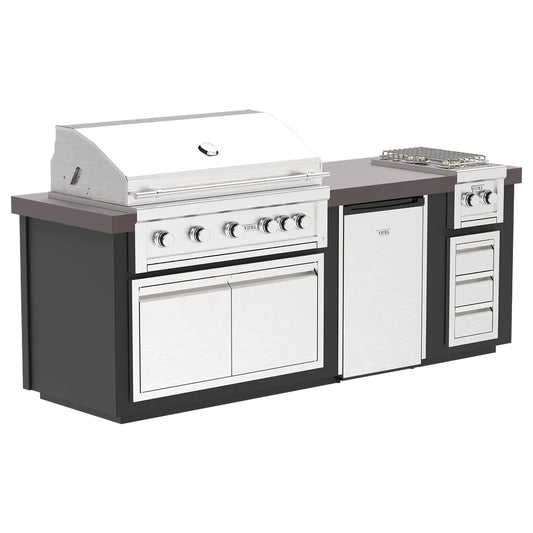Gold-black Pinnacle outdoor kitchen built in stainless steel grill wine fridge luxury patio dining