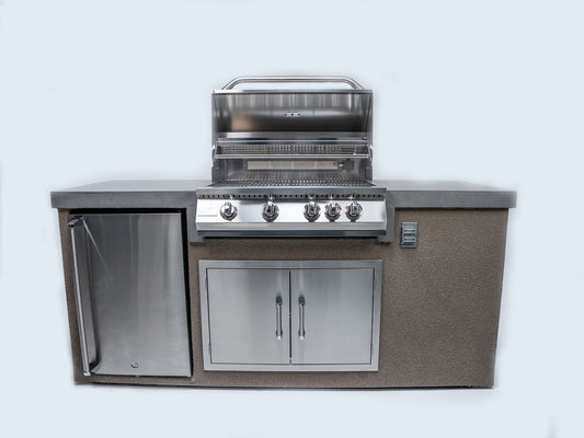 Gold-black Pinnacle outdoor kitchen built in stainless steel grill wine fridge luxury patio dining