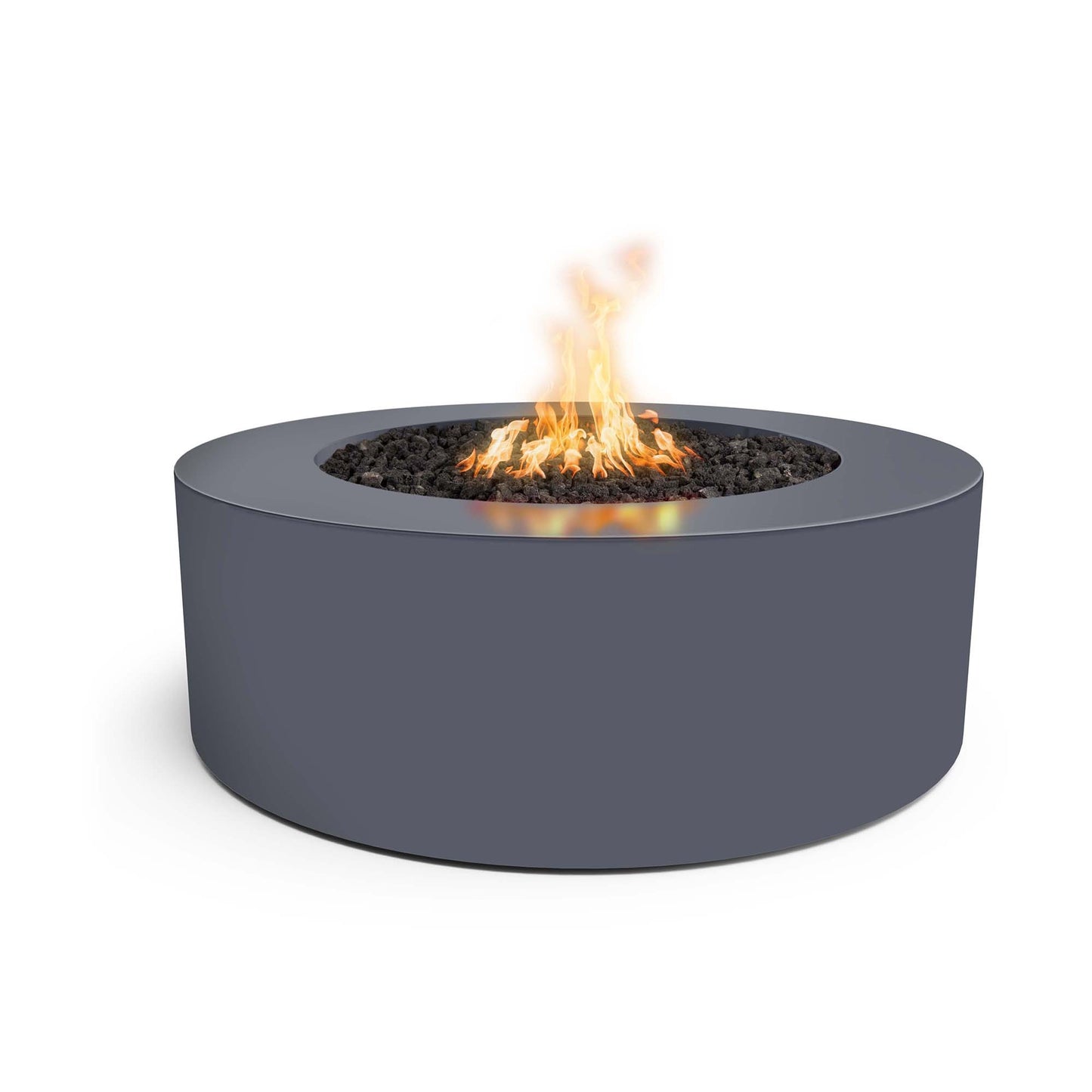 Round Unity fire pit with powder-coated metal finish. Contemporary design. Weather-resistant durability. Modern gathering centerpiece.