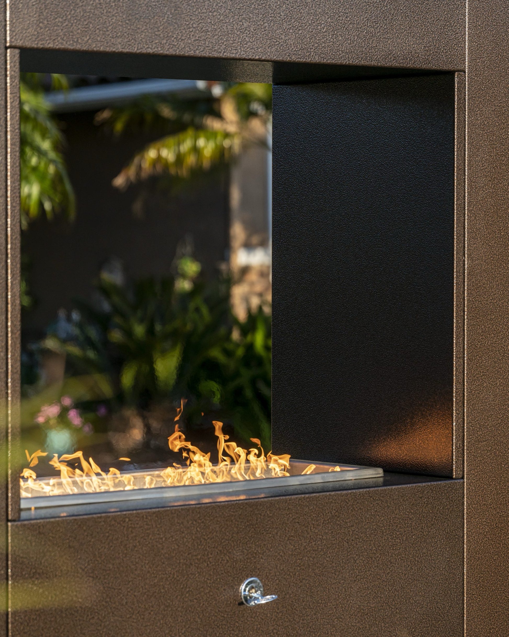 Gold-black pinnacle fireplace, corten steel, powder coat that lasts forever
