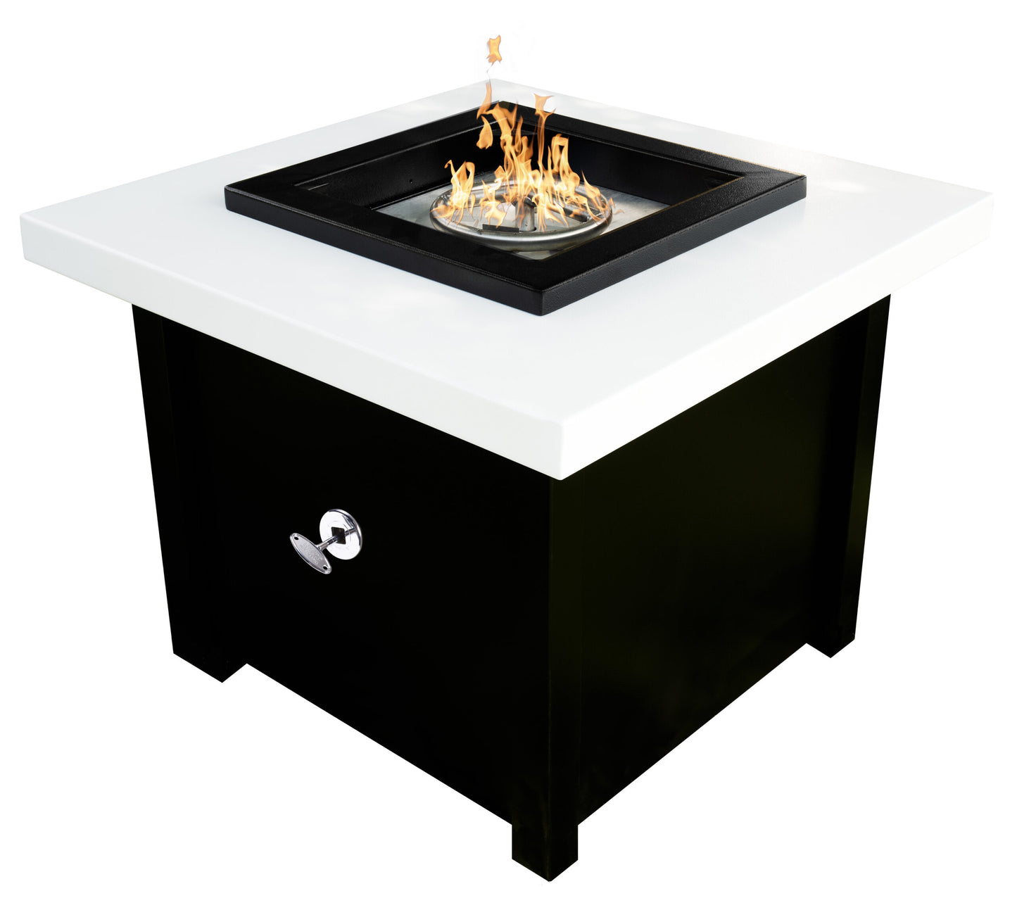 Kamoa square metal fire table with white top and black base, featuring circular burner with active flames for luxury outdoor entertaining