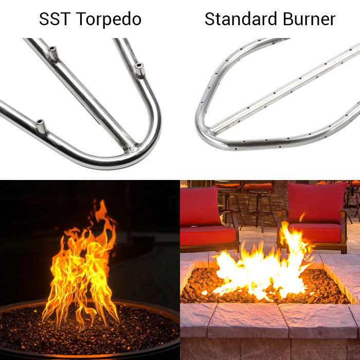Side-by-side comparison of SST Torpedo burner and Standard Burner for fire pits; SST Torpedo produces a tall, concentrated flame, while the Standard Burner creates a wide, dispersed flame in outdoor fire features.