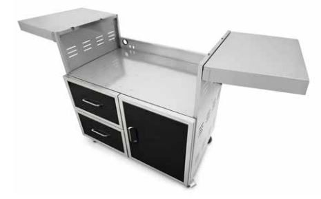 Wildfire 36-inch grill cart in 304 black stainless steel with double doors, drop-down side shelves, heavy-duty casters, and slide-out propane tank tray for the Wildfire Ranch PRO 30-inch grill