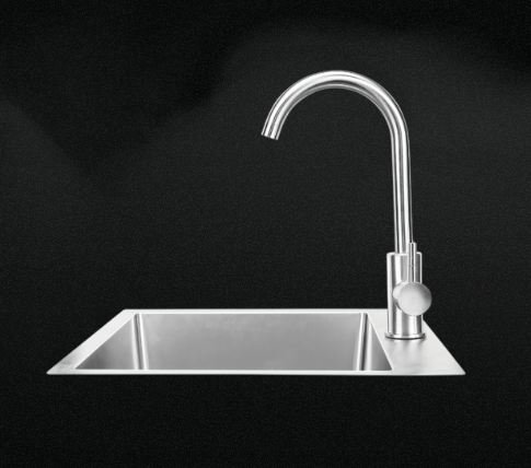 Bull stainless steel swivel faucet with hot and cold water controls designed for outdoor kitchen sink installations
