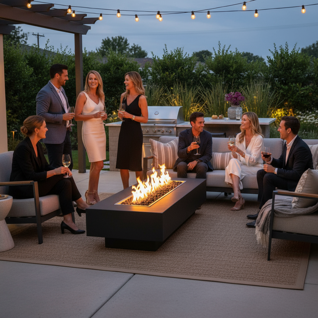 Coronado fire pit metal powder coat in luxury outdoor patio setting