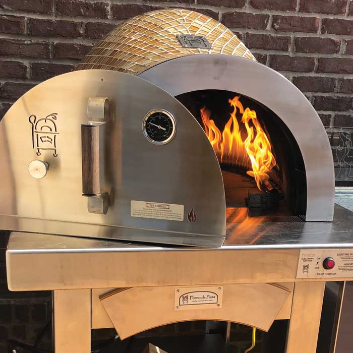 forno pizza oven glass tile on stainless steel cart with pizza door