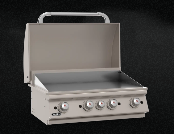 Bull 30-inch Bull Professional-style stainless steel built-in grill shown open, featuring solid stainless steel grates, raised hood, and premium outdoor cooking craftsmanship.