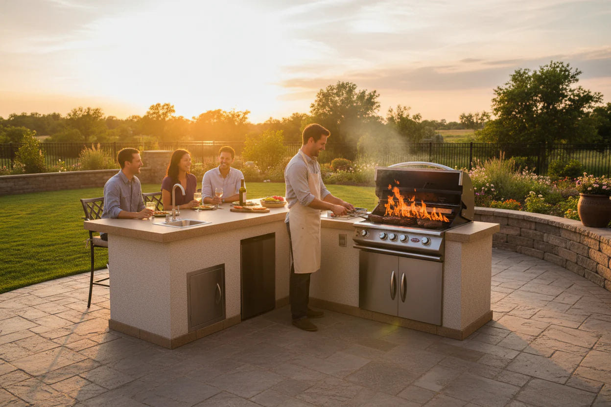 Luxury outdoor entertaining scene featuring the Cal Flame Carmel Outdoor Kitchen Island with built-in grill, guests gathered around at sunset, and a fire feature creating an elegant backyard atmosphere.