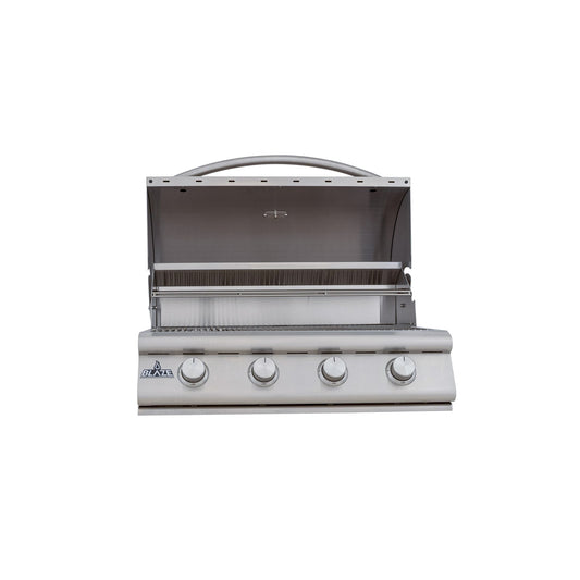 Blaze BCM 32-Inch 4-Burner Built-In Gas Grill with lid open and stainless steel