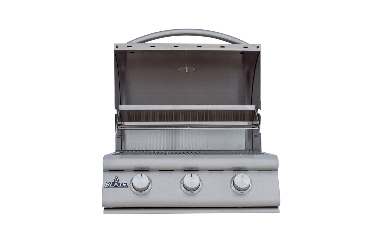 Blaze BCM 25-Inch 3-Burner Built-In Grill open showing stainless steel cooking grates