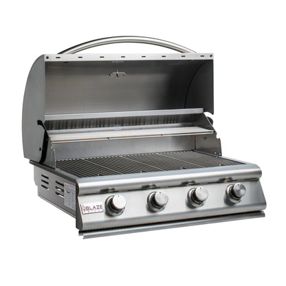 Blaze LBM 32-Inch 4-Burner Built-In Grill open showing stainless steel cooking grates