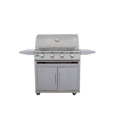 Blaze BCM 32-Inch 4-Burner Gas Grill on stainless steel freestanding cart