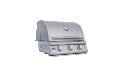 Blaze BCM 25-Inch 3-Burner Built-In Grill closed with stainless steel control knobs