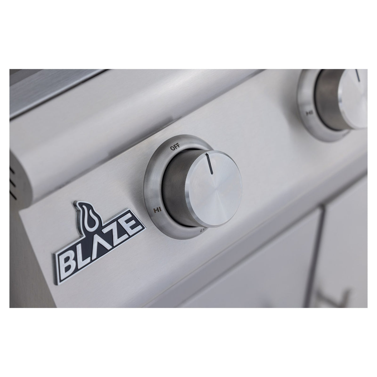 Blaze BCM 32-Inch Grill stainless steel control knob and Blaze logo detail