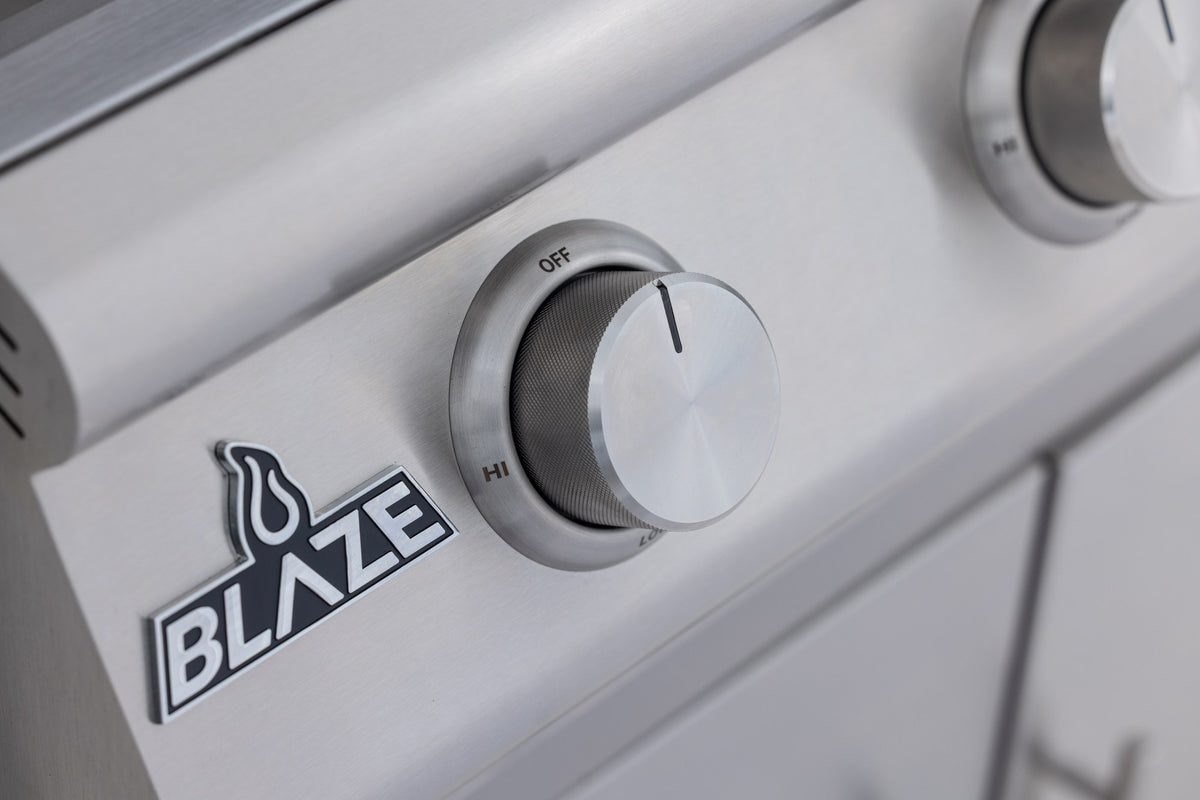 Blaze BCM 25-Inch 3-Burner Grill stainless steel control knobs and front panel