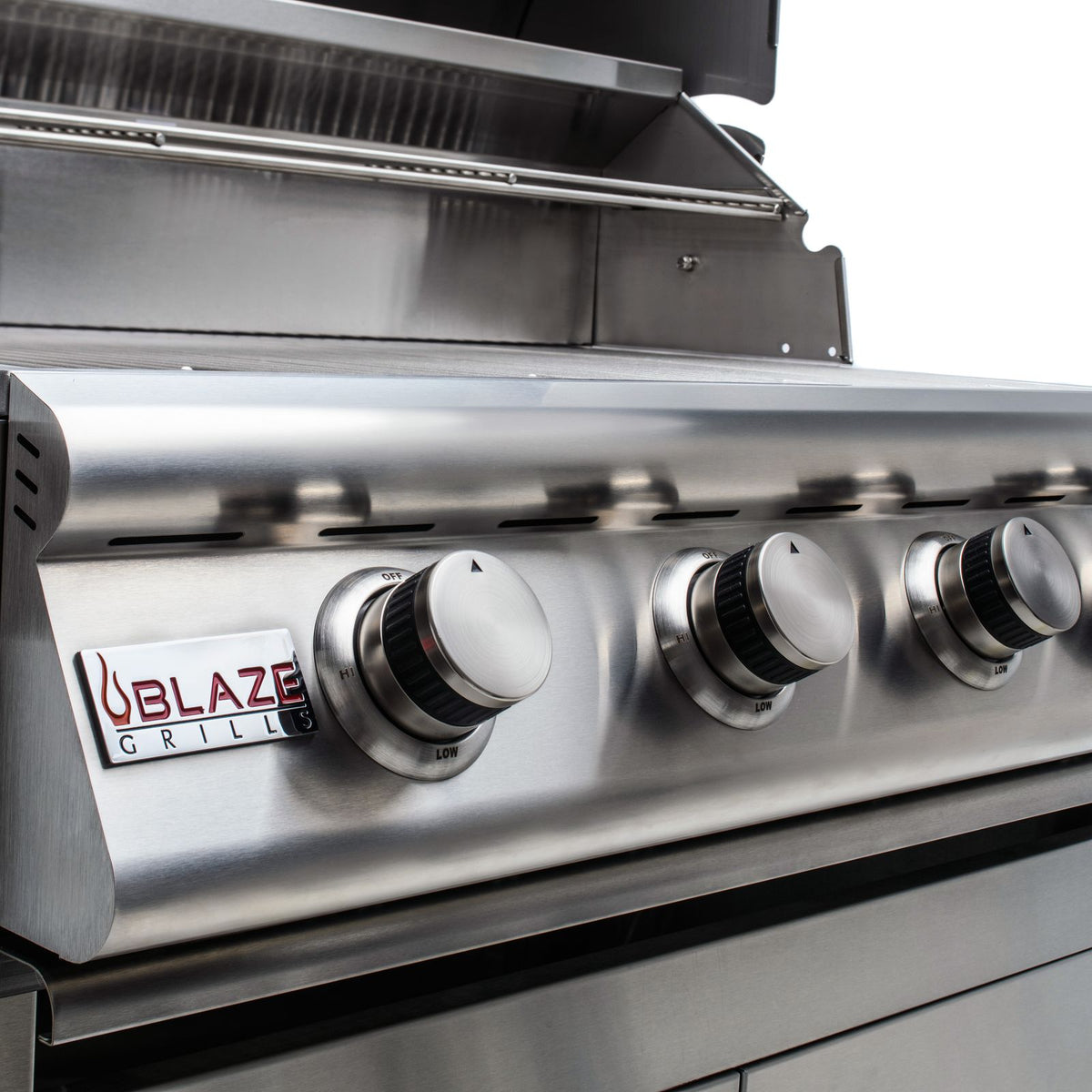 Blaze LBM 25-Inch 3-Burner Grill stainless steel control knobs and front panel