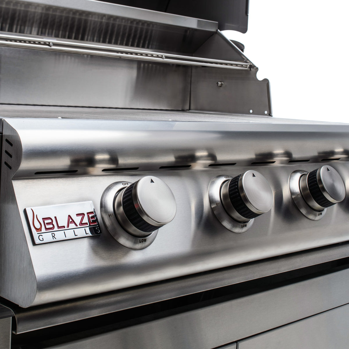 Blaze LBM 32-Inch 4-Burner Grill stainless steel control knobs and front panel