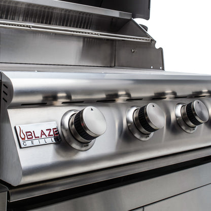 Blaze LBM 32-Inch 4-Burner Grill stainless steel control knobs and front panel