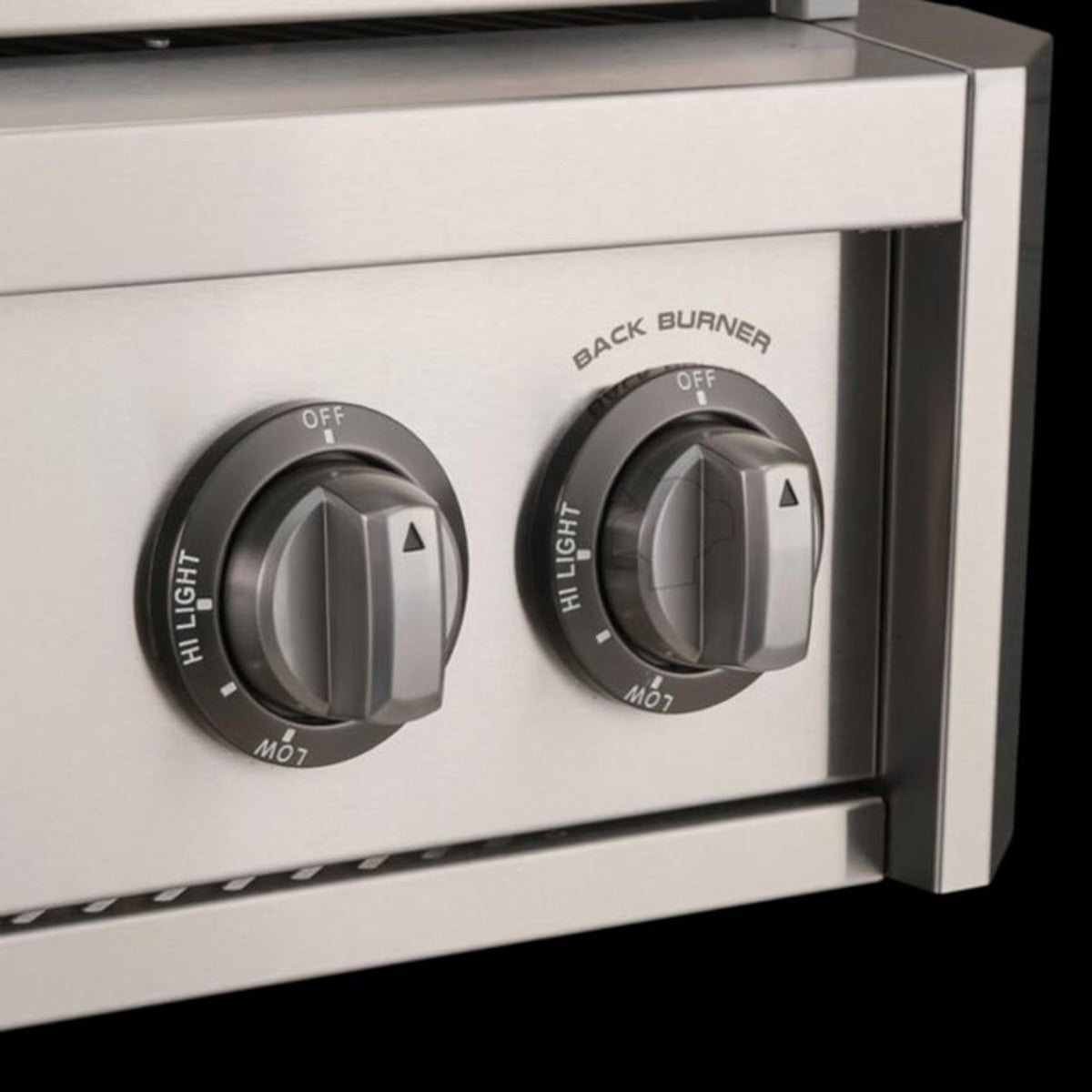 AOG American Outdoor Grill control knobs with Hi-Low-Off settings, back burner dial on stainless steel panel