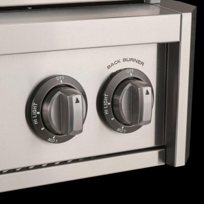 AOG American Outdoor Grill control knobs with Hi-Low-Off settings, back burner dial on stainless steel panel