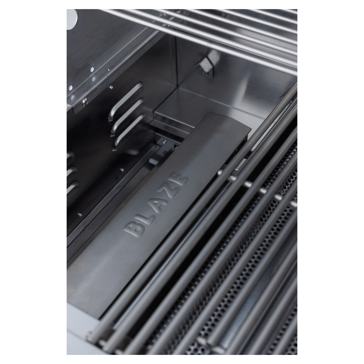Blaze BCM 32-Inch Grill stainless steel burner and flame stabilizer detail