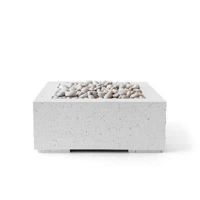 Alea 32 lightweight concrete fire pit in ash finish with ivory beach stone – modern square outdoor luxury centerpiece