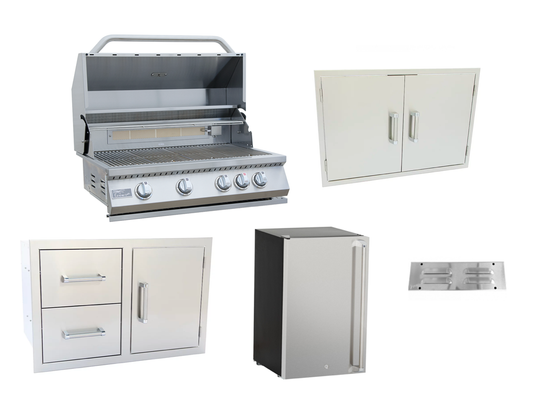 KoKoMo 5 Piece Outdoor Kitchen Package with 32-inch built-in stainless steel BBQ grill, outdoor refrigerator, double access doors, combo drawer storage, and stainless steel vent on white background