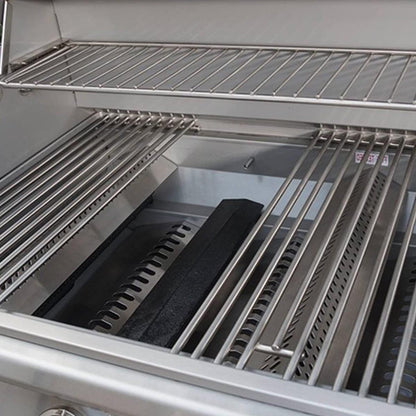 Bull Angus grill interior with warming rack, stainless steel cooking grates and flame tamer system exposed.