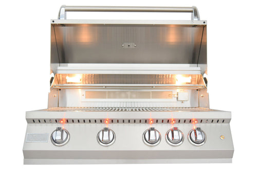 Stainless steel outdoor grill with glowing elements on a white background