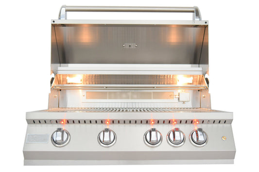 Stainless steel outdoor grill with glowing elements on a white background