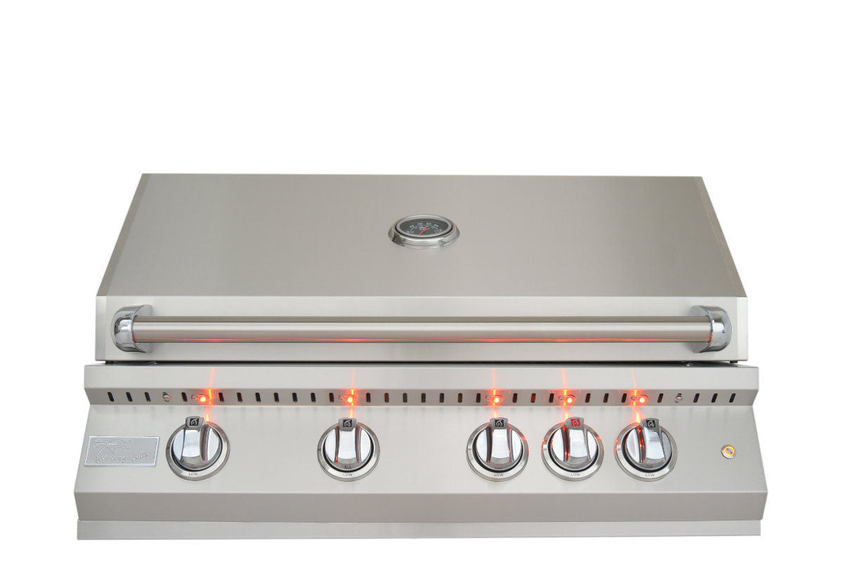 Stainless steel outdoor grill with glowing elements on a white background