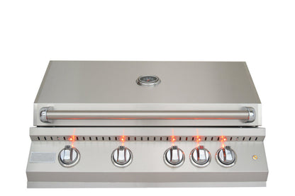 Stainless steel outdoor grill with glowing elements on a white background