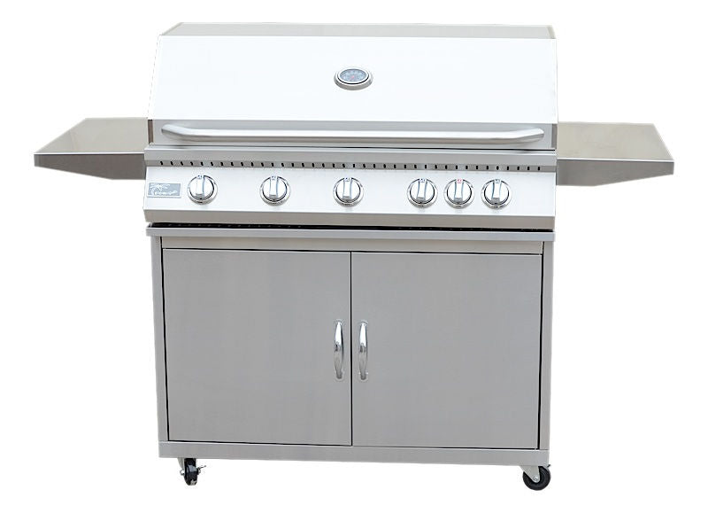Side view of 5 Burner Stainless Steel Cart BBQ Grill showing shelving and storage