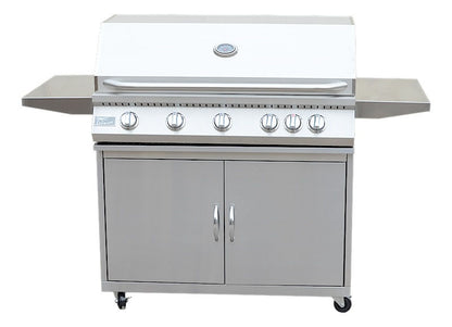 Side view of 5 Burner Stainless Steel Cart BBQ Grill showing shelving and storage