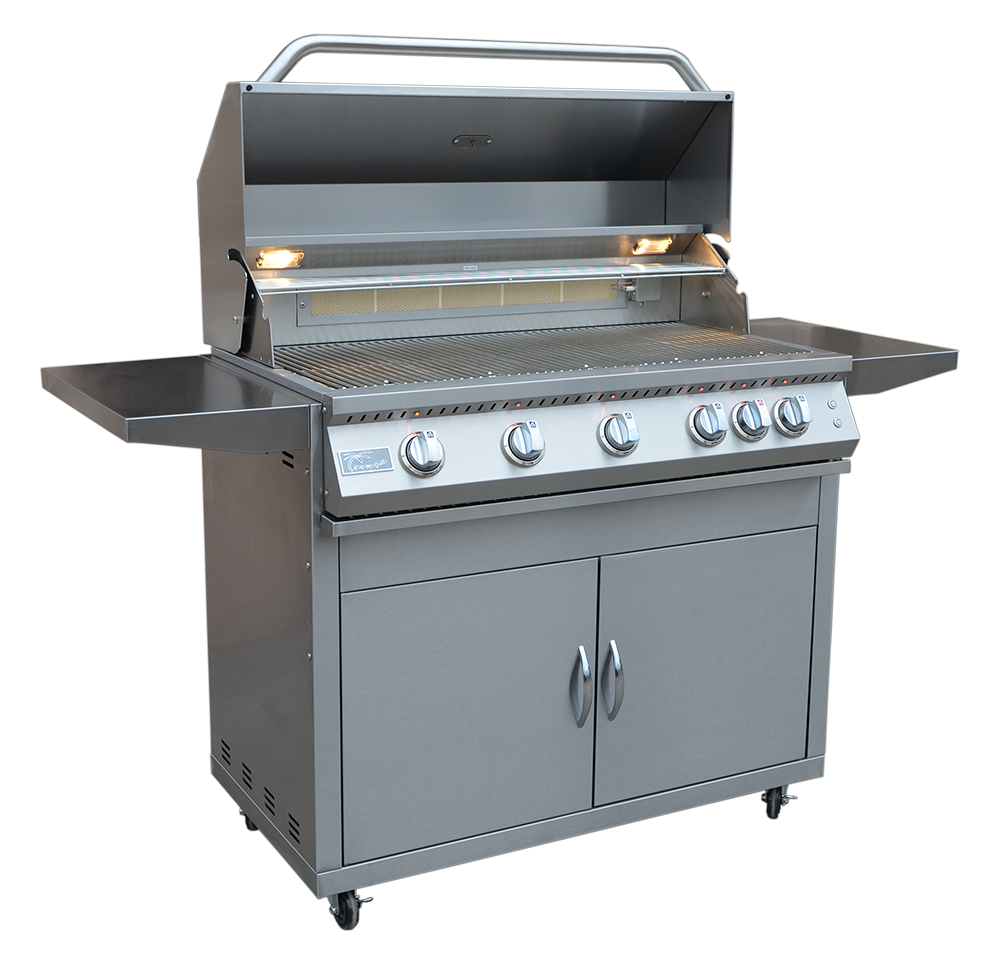 5 Burner 40 Inch Stainless Steel Cart BBQ Grill with closed hood and side shelves