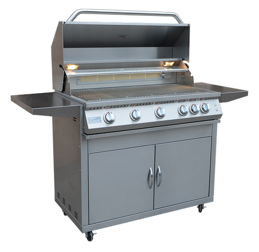 5 Burner 40 Inch Stainless Steel Cart BBQ Grill with closed hood and side shelves