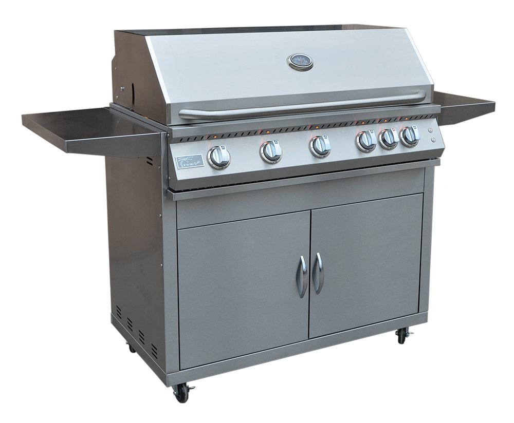 Side view of 5 Burner Stainless Steel Cart BBQ Grill showing sturdy frame and shelving