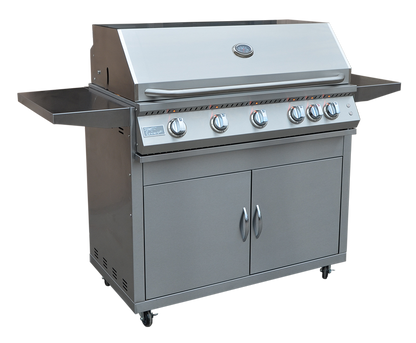 Side view of 5 Burner Stainless Steel Cart BBQ Grill showing sturdy frame and shelving