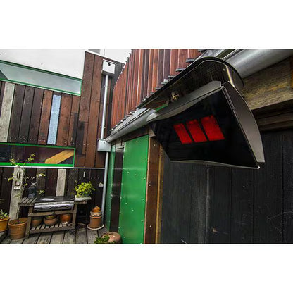 Bromic Platinum 300 Smart-Heat natural gas heater providing radiant warmth over an outdoor dining and entertaining space